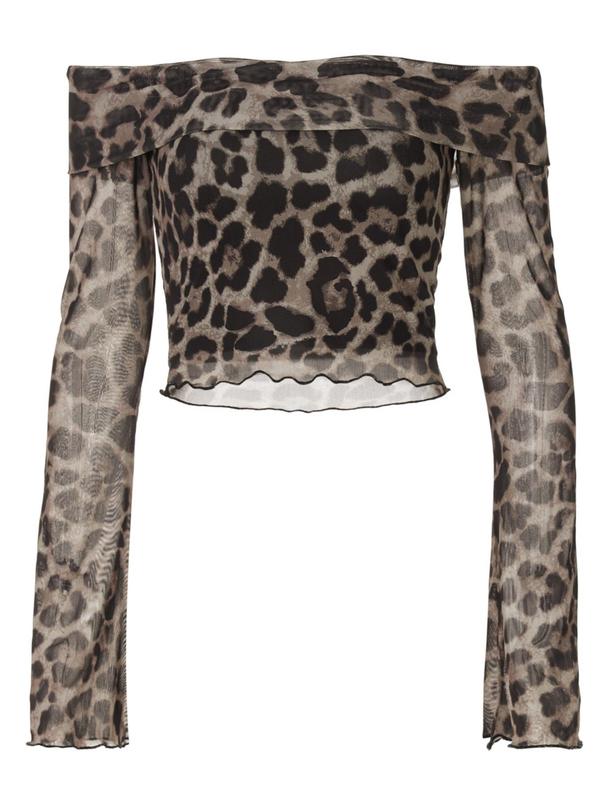 Women's Leopard-Print Mesh Crop Top, Fashion Casual Long Sleeve Top for Spring & Fall, Women's Clothing for Daily Wear