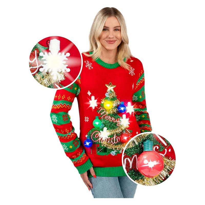 Giggling Getup Ugly Sweater Christmas Women Light Up with Funny 3D Christmas Tree, Red Xmas Knitted Pattern Sweater