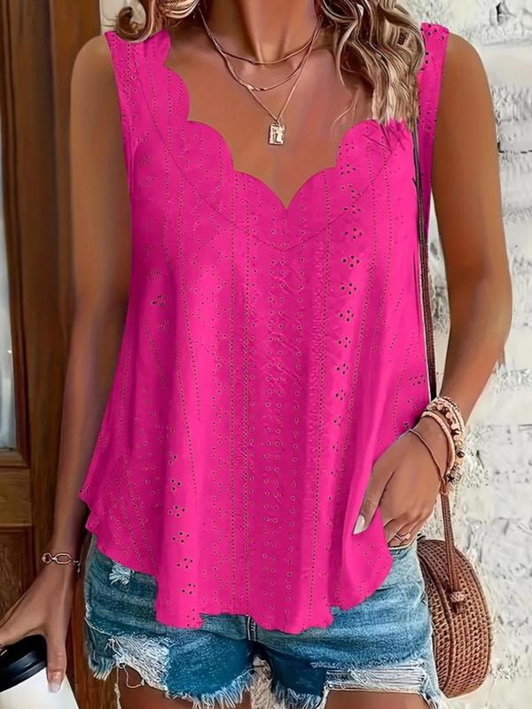 Plus Size Eyelet Embroidery Scallop Trim V Neck Tank Top, Casual Solid Sleeveless Top for Summer, Women's Plus Clothing for Daily Wear