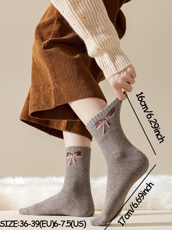 Women's Bow Print Thickened Crew Socks, Casual Soft Comfy Breathable Mid-calf Socks for Fall & Winter, Women's Socks for Daily Wear