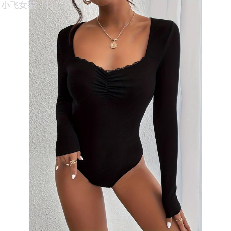 Lace Trim Sweetheart Neck Bodysuit, Sexy Long Sleeve Ruched Bodysuit, Women's Clothing