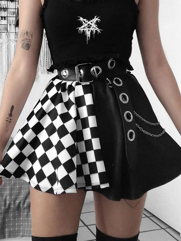 Women's Colorblock Plaid Print High Waist Flared Skirt without Waist Belt, Punk Fashion Casual Short Skirt for Daily Outdoor Wear, Ladies Bottoms for All Seasons