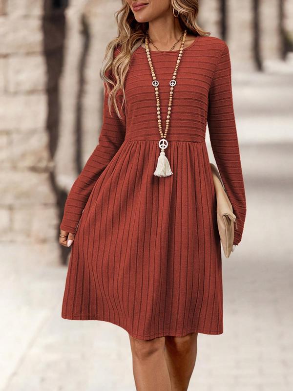 Women's Solid Color Knit Dress, Casual Long Sleeve Crew Neck Dress for Daily Wear, Ladies Clothes for All Seasons, Necklace Not Included