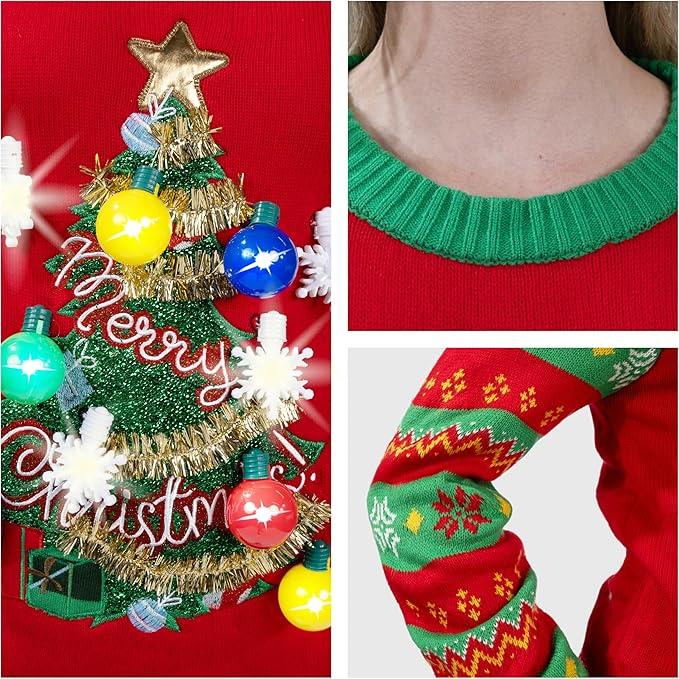 Giggling Getup Ugly Sweater Christmas Women Light Up with Funny 3D Christmas Tree, Red Xmas Knitted Pattern Sweater