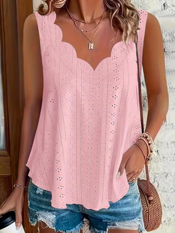 Plus Size Eyelet Embroidery Scallop Trim V Neck Tank Top, Casual Solid Sleeveless Top for Summer, Women's Plus Clothing for Daily Wear