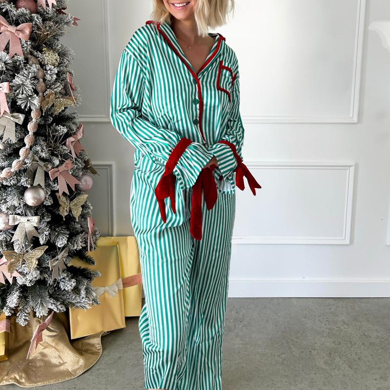 Christmas Pajamas Striped Button Shirt Bow Tie Long Sleeve Shirt Top + Wide Leg Pants Women's Holiday Casual Pajamas