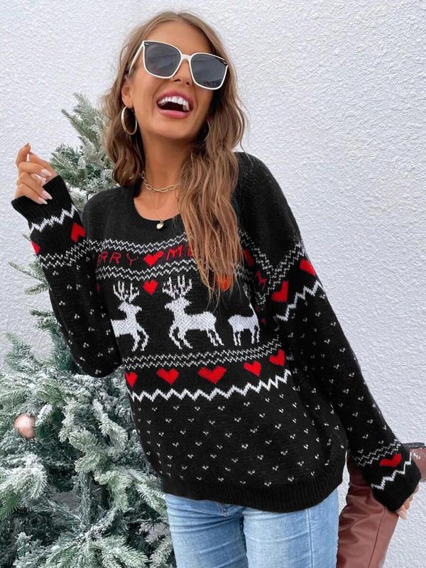 Women's Christmas Reindeer & Heart Print Drop Shoulder Sweater, Casual Long Sleeve Round Neck Jumper for Fall & Winter, Ladies' Knitwear for Daily Wear