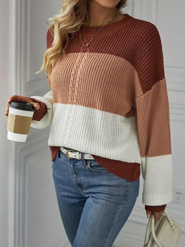 Women's Striped Print Colorblock Crew Neck Sweater, Casual Long Sleeve Jumper for Fall & Winter, Fashion Ladies' Knitwear for Daily Wear