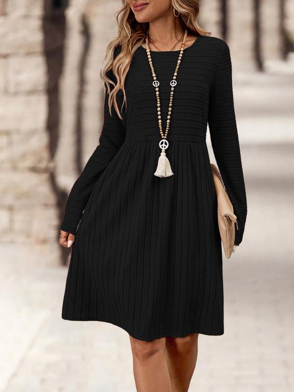 Women's Solid Color Knit Dress, Casual Long Sleeve Crew Neck Dress for Daily Wear, Ladies Clothes for All Seasons, Necklace Not Included