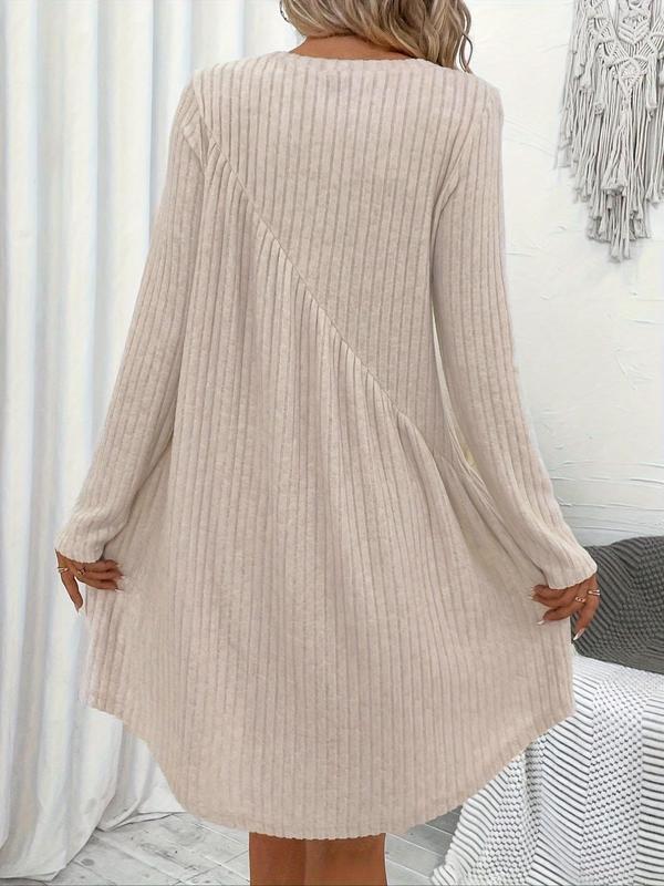 Women's Solid Ribbed Long Sleeve Dress, Elegant Round Neck A Line Dress for Spring & Fall, Women's Clothing for Daily Wear