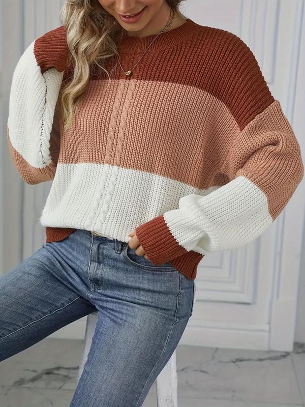 Women's Striped Print Colorblock Crew Neck Sweater, Casual Long Sleeve Jumper for Fall & Winter, Fashion Ladies' Knitwear for Daily Wear