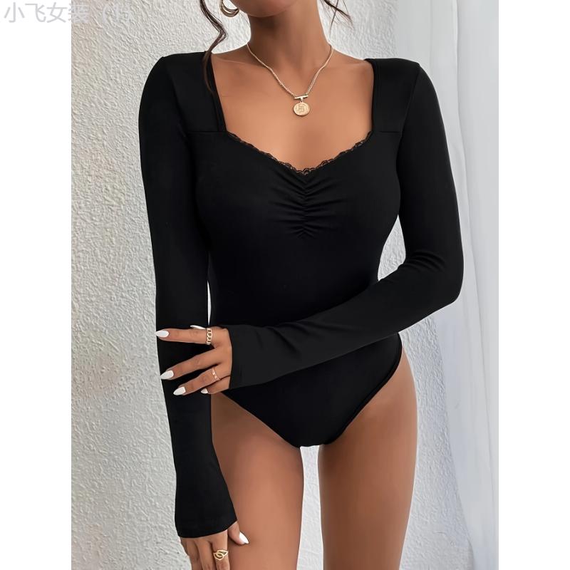 Lace Trim Sweetheart Neck Bodysuit, Sexy Long Sleeve Ruched Bodysuit, Women's Clothing