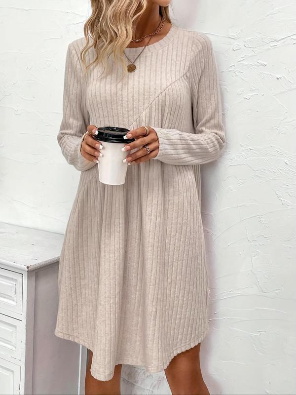 Women's Solid Ribbed Long Sleeve Dress, Elegant Round Neck A Line Dress for Spring & Fall, Women's Clothing for Daily Wear