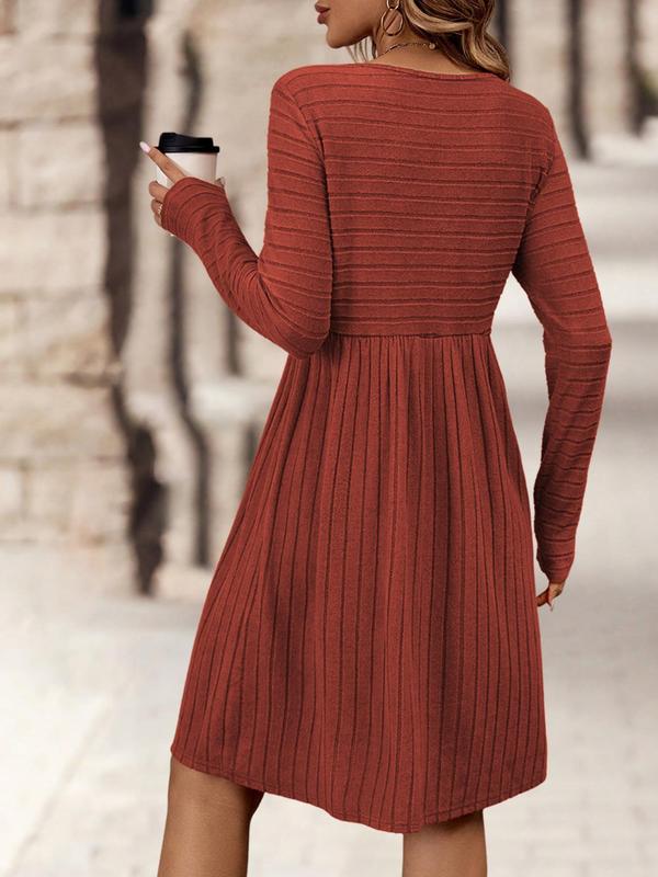 Women's Solid Color Knit Dress, Casual Long Sleeve Crew Neck Dress for Daily Wear, Ladies Clothes for All Seasons, Necklace Not Included