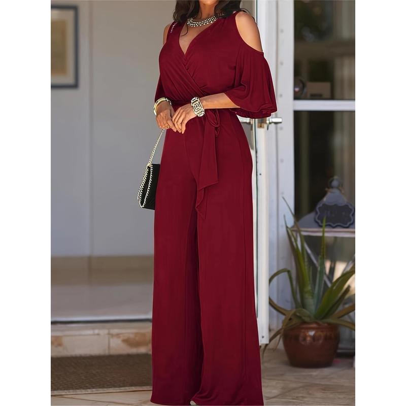 Solid Cold Shoulder V-neck Jumpsuit, Elegant Half Sleeve Jumpsuit, Suitable for Spring and Summer, Women's Clothing