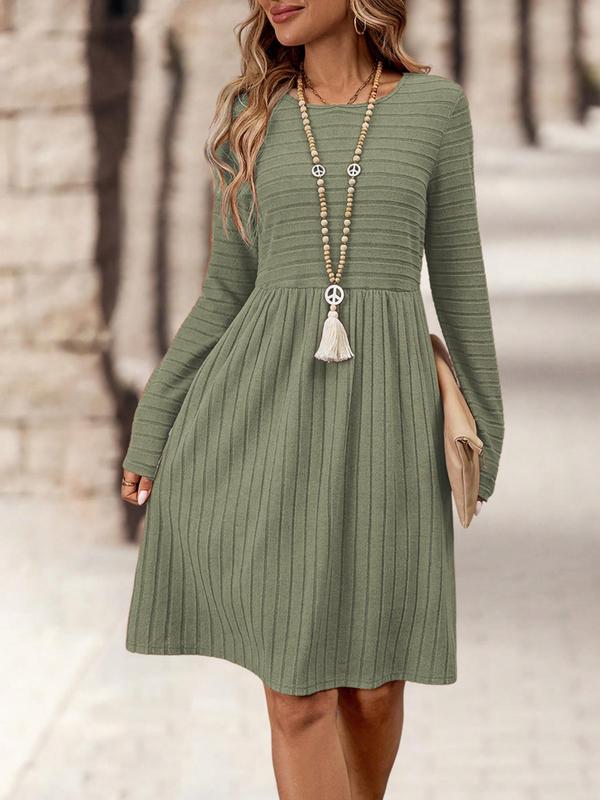 Women's Solid Color Knit Dress, Casual Long Sleeve Crew Neck Dress for Daily Wear, Ladies Clothes for All Seasons, Necklace Not Included