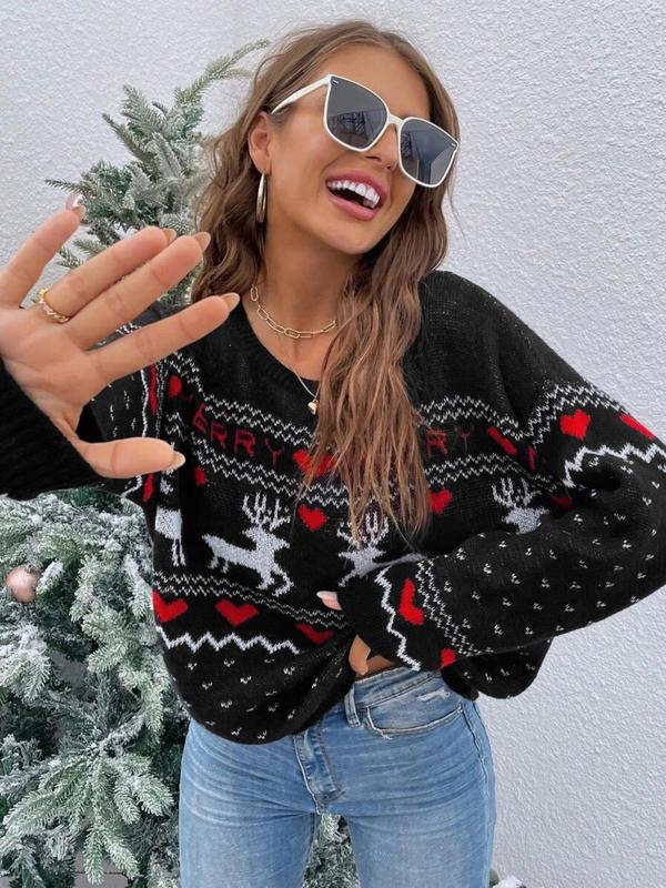 Women's Christmas Reindeer & Heart Print Drop Shoulder Sweater, Casual Long Sleeve Round Neck Jumper for Fall & Winter, Ladies' Knitwear for Daily Wear