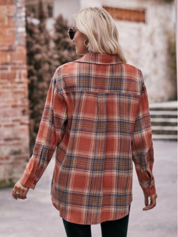 Women's Plaid Print Button Front Drop Shoulder Shirt, Casual Long Sleeve Pocket Top for Spring & Fall, Women's Clothes for Daily Wear