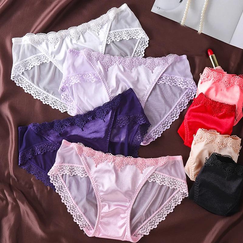 Satin Silk Panties Sexy Panty Briefs Lace Panties Women Underwear Lingerie Panties For Female Ladies Floral Pantys Underpants