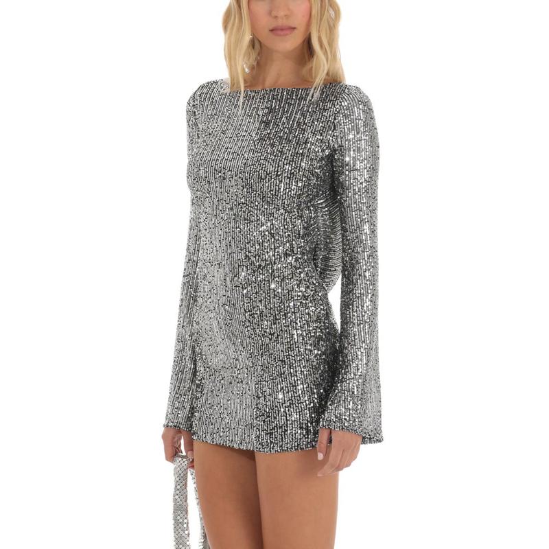 Women Mini Bodycon Dress Sequins Long Sleeve Tie-Up Backless Cocktail Dress Spring Fall Party Dress