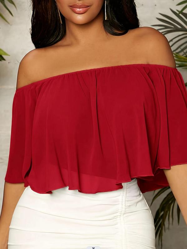 Women's Plain Off Shoulder Ruffle Trim Chiffon Crop Blouse, Elegant Butterfly Sleeve Top for Summer, Ladies Clothes for Daily Vacation Outdoor Wear, Going Out Tops, Tops for Women