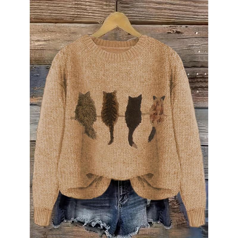 Cat Print Crew Neck Color Block Casual Pullover Sweater in Knit Polyester Fabric for Fall Winter Collar Knitwear