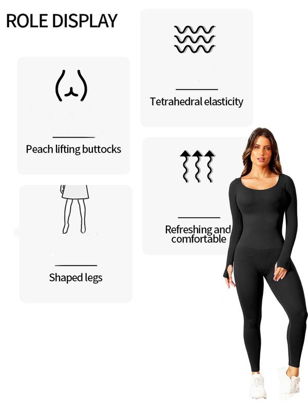 Women's Solid Thumb Hole Long Sleeve Sports Jumpsuit, Casual Sporty Comfy Scoop Neck Jumpsuit for Yoga Gym Workout, Ladies Sportswear for All Seasons