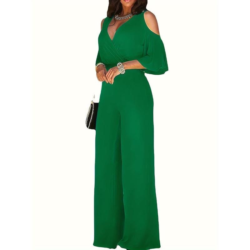 Solid Cold Shoulder V-neck Jumpsuit, Elegant Half Sleeve Jumpsuit, Suitable for Spring and Summer, Women's Clothing