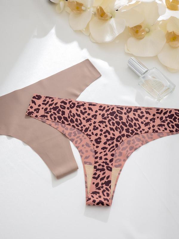 Women's Plain Leopard Print Drop Waist Thong, Soft Comfy Breathable Panty for Daily Wear, Ladies Underwear for All Seasons