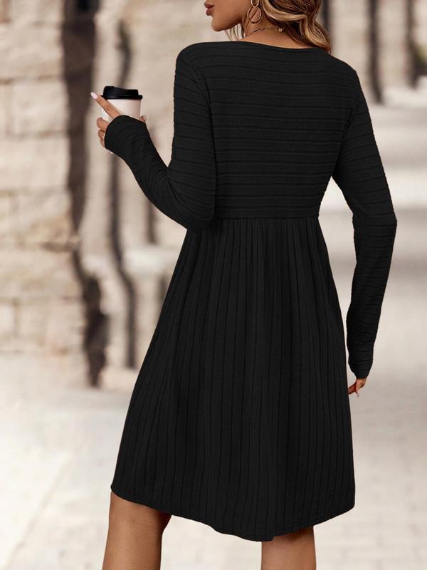 Women's Solid Color Knit Dress, Casual Long Sleeve Crew Neck Dress for Daily Wear, Ladies Clothes for All Seasons, Necklace Not Included