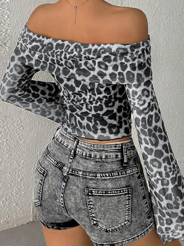 Women's Leopard-Print Mesh Crop Top, Fashion Casual Long Sleeve Top for Spring & Fall, Women's Clothing for Daily Wear