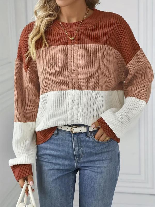 Women's Striped Print Colorblock Crew Neck Sweater, Casual Long Sleeve Jumper for Fall & Winter, Fashion Ladies' Knitwear for Daily Wear