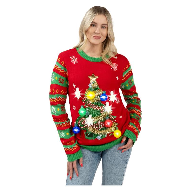 Giggling Getup Ugly Sweater Christmas Women Light Up with Funny 3D Christmas Tree, Red Xmas Knitted Pattern Sweater