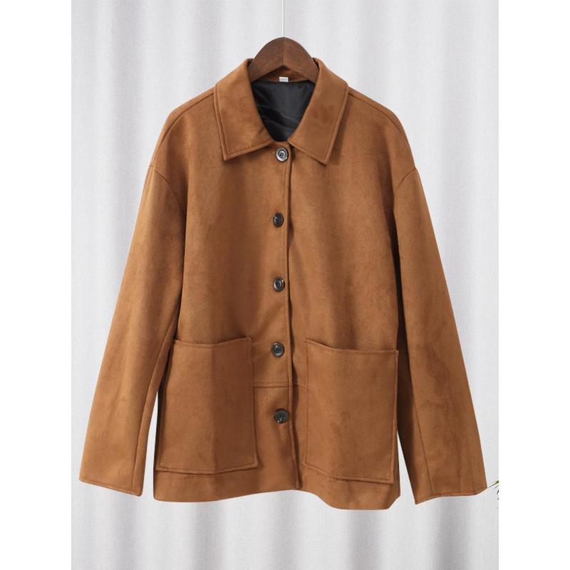 202 Retro Lapels Long Sleeve Button Suede Coat Fashion Women's Loose Pockets Jacket