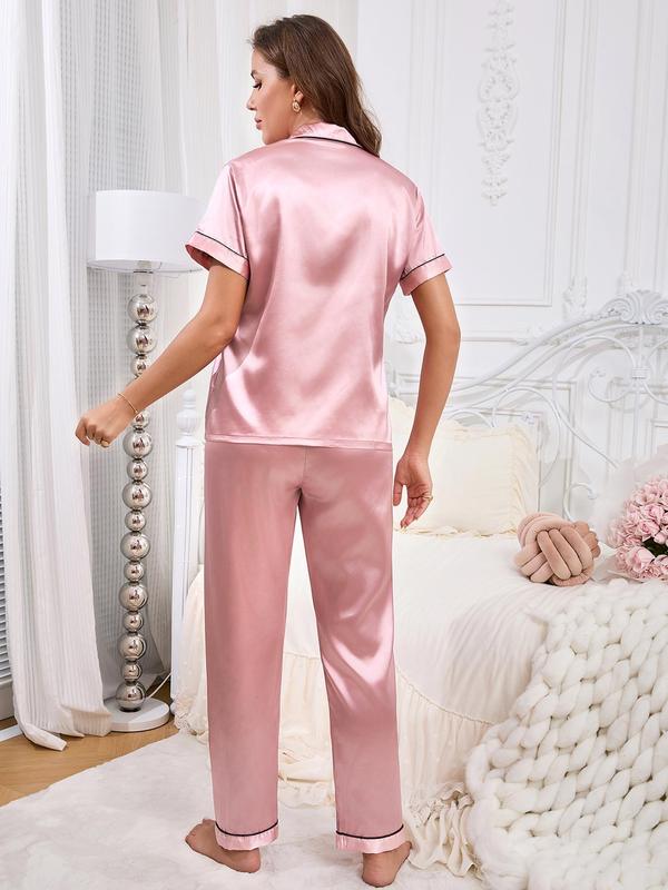 Two-Piece Set Women's Heart Embroidery Contrast Binding Pajama, Short Sleeve Button Up Shirt & Elastic Waist Pants PJ Set, Casual Comfy Pyjama Set for Women