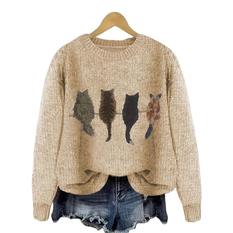 Cat Print Crew Neck Color Block Casual Pullover Sweater in Knit Polyester Fabric for Fall Winter Collar Knitwear