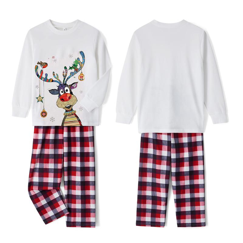 2024 New Family Matching Christmas Pajamas Sets Long Sleeve Deer Print Tops + Plaid Pants Homewear Sleepwear Loungewear Nightwear Xmas Pj's Clothes Womenswear Check