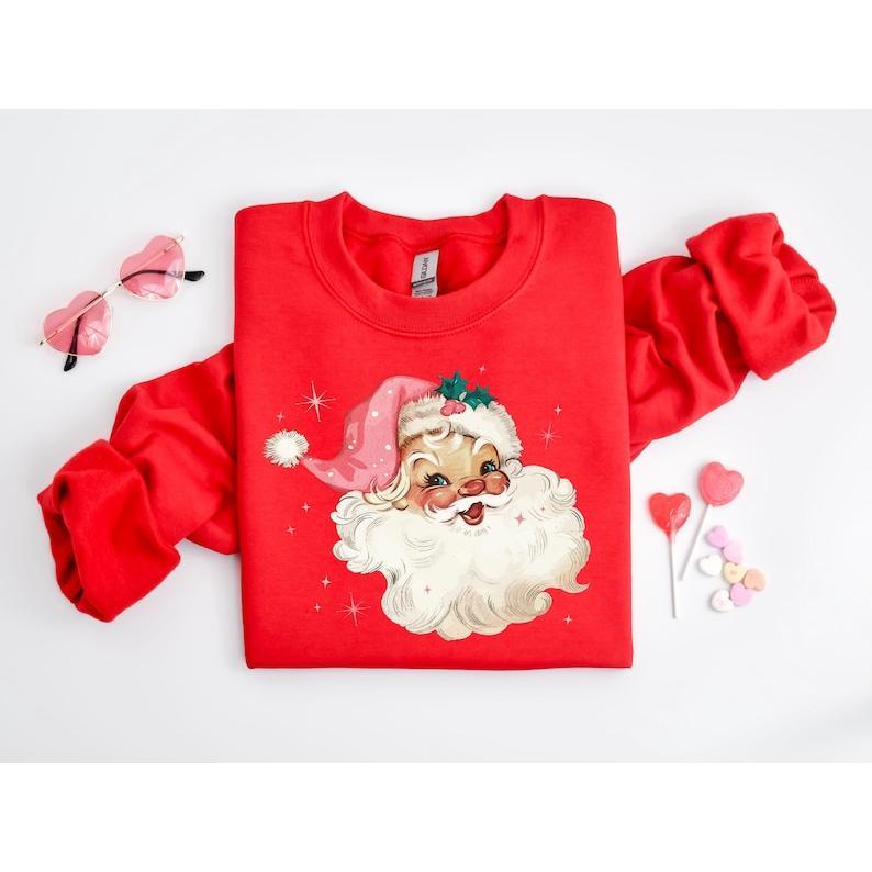 Pink Santa Retro Christmas T-Shirts Sweatshirts for Women Pink Christmas Matching Family Sweaters Pink Vintage Holiday Crewneck Group Party NP