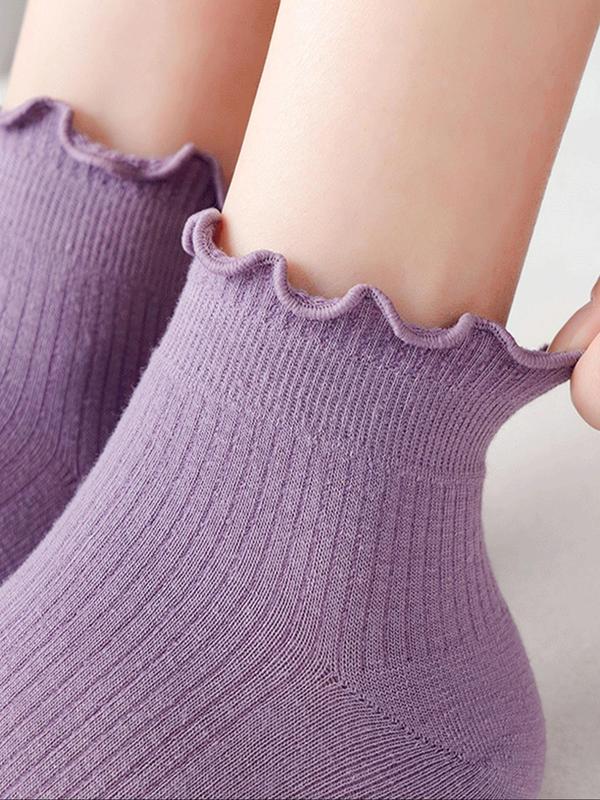 Random Women's Solid Lettuce Trim Crew Socks, Casual Moisture Wicking Socks, Soft Comfy Breathable Socks for All Seasons Daily Wear