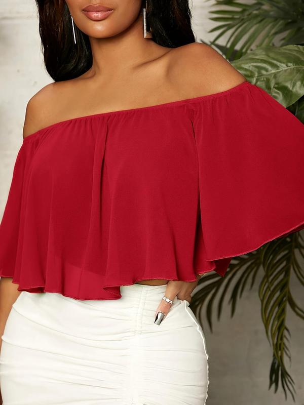 Women's Plain Off Shoulder Ruffle Trim Chiffon Crop Blouse, Elegant Butterfly Sleeve Top for Summer, Ladies Clothes for Daily Vacation Outdoor Wear, Going Out Tops, Tops for Women