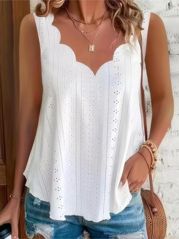 Plus Size Eyelet Embroidery Scallop Trim V Neck Tank Top, Casual Solid Sleeveless Top for Summer, Women's Plus Clothing for Daily Wear