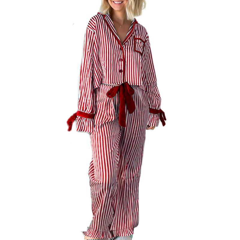 Christmas Pajamas Striped Button Shirt Bow Tie Long Sleeve Shirt Top + Wide Leg Pants Women's Holiday Casual Pajamas