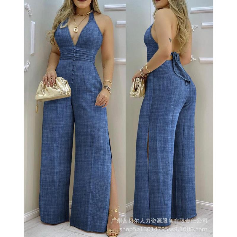 New Beige Halter Lace Patchwork Slit Jumpsuit Welcome Free Beautiful New Life