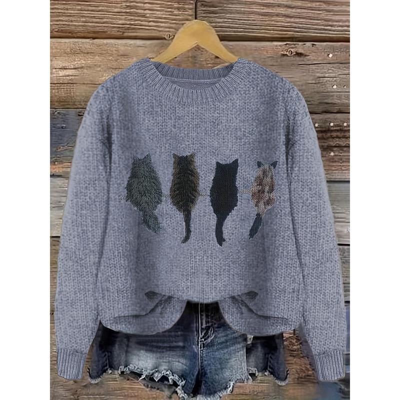 Cat Print Crew Neck Color Block Casual Pullover Sweater in Knit Polyester Fabric for Fall Winter Collar Knitwear