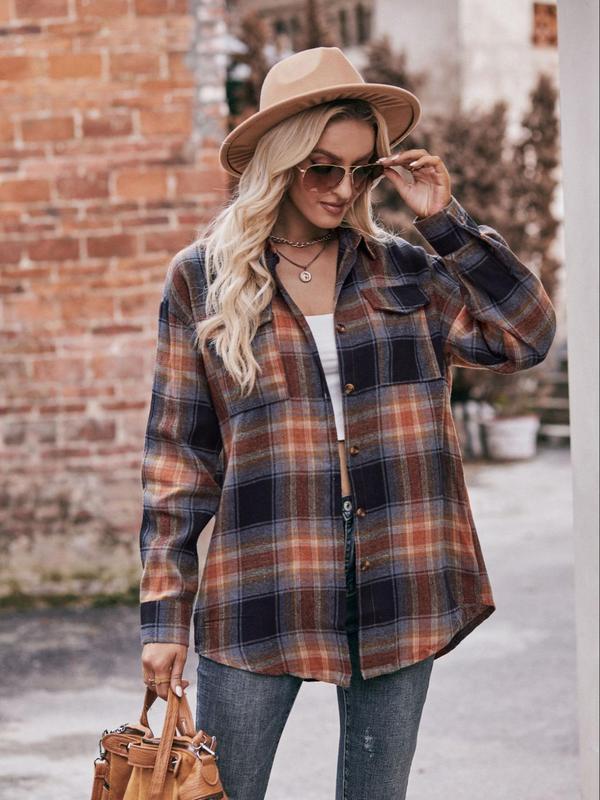 Women's Plaid Print Button Front Drop Shoulder Shirt, Casual Long Sleeve Pocket Top for Spring & Fall, Women's Clothes for Daily Wear