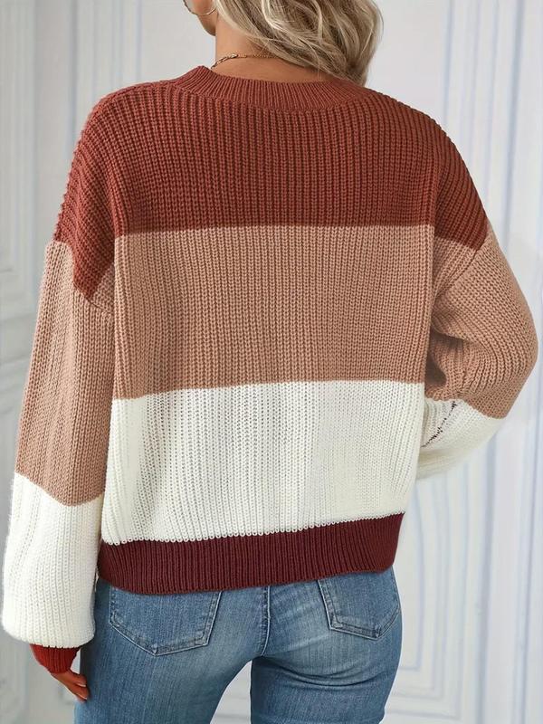 Women's Striped Print Colorblock Crew Neck Sweater, Casual Long Sleeve Jumper for Fall & Winter, Fashion Ladies' Knitwear for Daily Wear