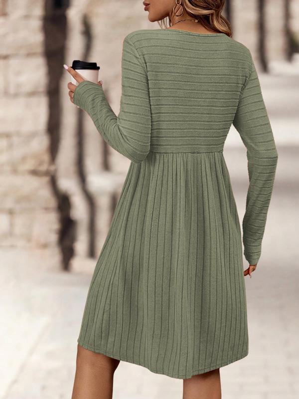 Women's Solid Color Knit Dress, Casual Long Sleeve Crew Neck Dress for Daily Wear, Ladies Clothes for All Seasons, Necklace Not Included