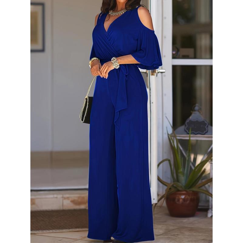 Solid Cold Shoulder V-neck Jumpsuit, Elegant Half Sleeve Jumpsuit, Suitable for Spring and Summer, Women's Clothing