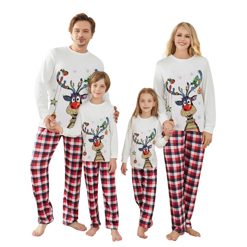 2024 New Family Matching Christmas Pajamas Sets Long Sleeve Deer Print Tops + Plaid Pants Homewear Sleepwear Loungewear Nightwear Xmas Pj's Clothes Womenswear Check