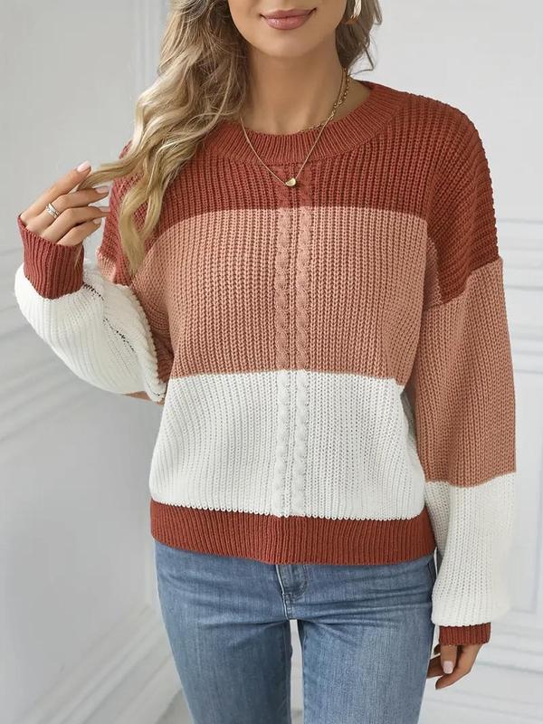 Women's Striped Print Colorblock Crew Neck Sweater, Casual Long Sleeve Jumper for Fall & Winter, Fashion Ladies' Knitwear for Daily Wear